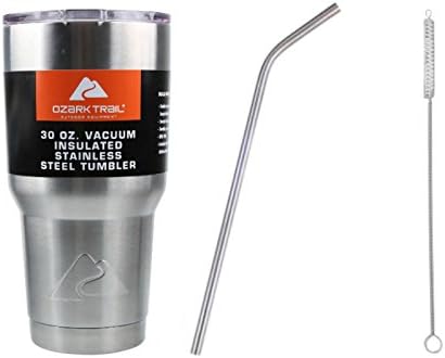 Ozark Trail 30oz Silver Tumbler Gift Set | Double-Wall Vacuum-Sealed Tumbler | Includes Happybotham Stainless Steel Straw and Stainless Steel Drinking Straw Brush