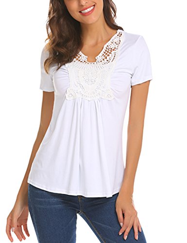 Locryz Women's V Neck Tee Shirts Short Sleeve Loose Fit Casual Pleated Summer Tee Tops (White, L)