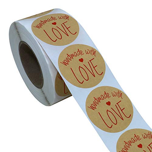 Hybsk Kraft Handmade with Love Stickers with Black Font 1.5" Inch Round Total 500 Labels Per Roll (Type 2)