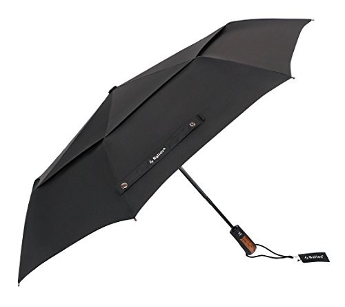 (Designed in the UK) Vented Double Canopy Windproof Umbrella Auto Open & Close Travel Folding 300T Finest Fabric—Men’s Ladies Balios (Black with rubber coated handle)