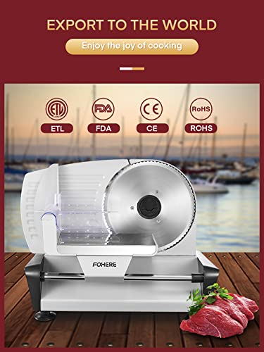 Meat Slicer with 2 * 19cm Blade, Electric Bread Slicer Machine for Home Use 200W, FOHERE Deli Food Cutter, 0-15mm Adjustable Thickness for Cheese, Bread, Include Safety Food Pusher, Silver