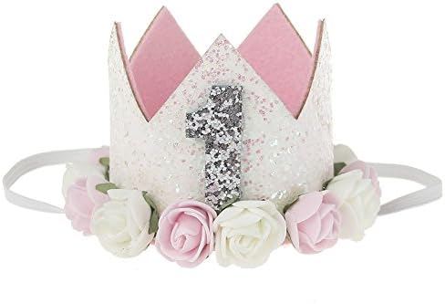 Besker Baby Girl Birthday Crown Headbands Kids White Flower Tiara Headband Birthday Party Hairband (White Pink Flower 1)