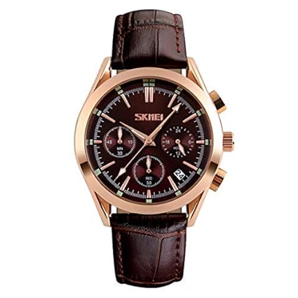 SKMEI Bernsuisse Luxury Casual Elegant Chronograph Sport Waterproof Leather Rosegold Brown Dial Mens Watch -9127