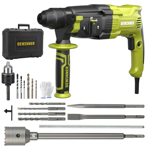 DEWINNER Hammer Punch 1100 W 3.4 J, 0-1500 RPM/5500 BPM with 4 Functions and Safety Clutch, 20 Accessories Including Concrete Hole Saws, Variable Speed, Concrete, Steel, Wood