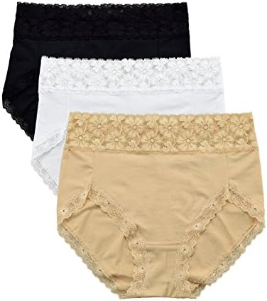 Women Sexy High-waisted Hipster Panties Cotton Made With Lace Embroider 3 Pack (Large)