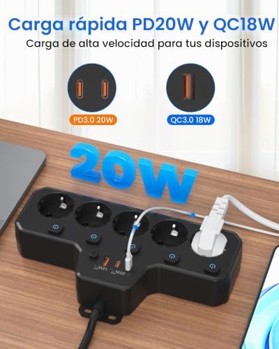 Regleta Enchufe Plano, Regleta 5 Tomas con USB C Carga Rápida PD20W, Negro