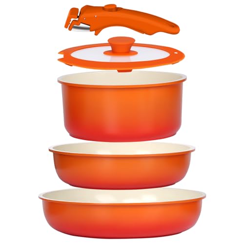 GiPP 5pcs Pots and Pans Set Non Stick, Nonstick Cookware Set Detachable Handle,Ceramic Coating Pots for Cooking Non Stick with Removable Handle, RV Cookware Set, Orange Gradient