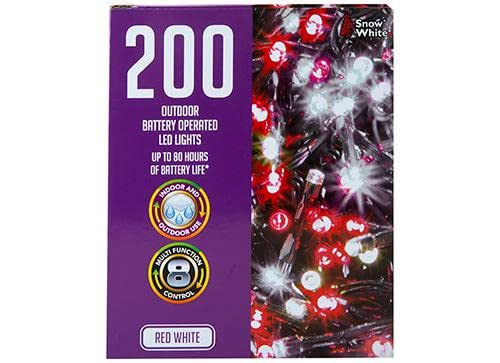 Bright Cold White & Red 200 Led Outdoor Battery Timer Lights - (1 Pc.) - Energy-efficient & Weather-resistant - Perfect For Festive Celebrations & Stunning Ambience