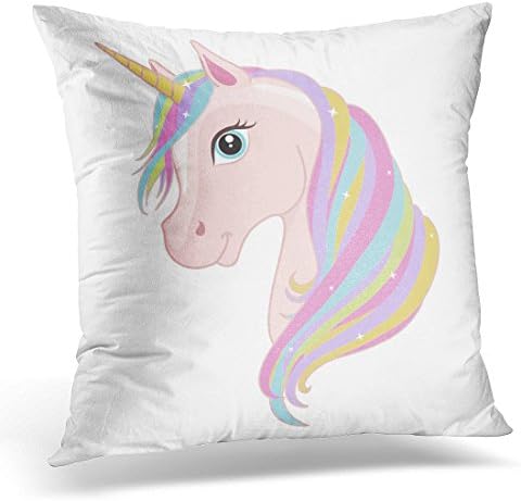 Kjalioeig-Throw Cushion Pillow Covers Animal Pink Unicorn Head with Rainbow Mane and Horn White Baby Beautiful Comfortable Material Size: 18x18 Inch
