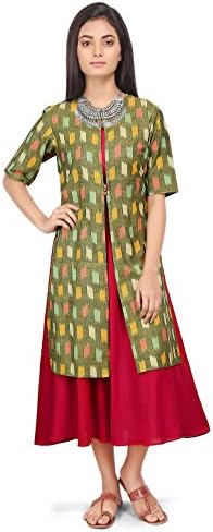Utsav Fashion Ikat Woven Cotton Jacket Style Long Kurta in Green and Pink