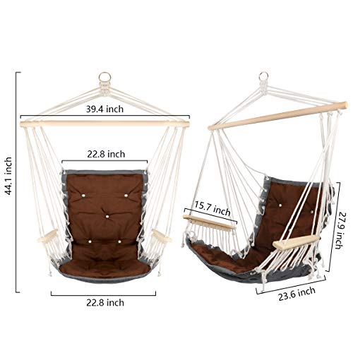 Hanging Rope Hammock Chair with Wooden Handrail, Large Hammock Porch Swing Seat, Cotton Rope Porch Chair for Indoor, Outdoor, Garden, Patio, Porch, Yard