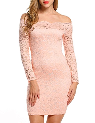 Cindere Women's Floral Lace Off-Shoulder Elegant Bodycon Cocktail Party Wedding Dress,Pink,Medium