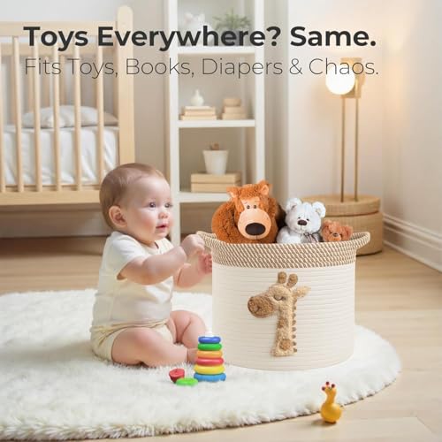 Storage Basket for Nursery， Cotton Rope Bin with Soft Felt Animal Patch Toy Organizer, Baby Laundry Hamper, Diaper & Towel Holder Foldable, Washable Baby Safe（ Giraffes ）
