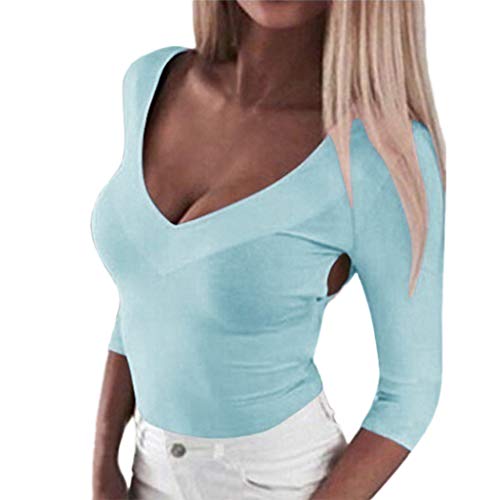 Respctfu l✿ Women Summer Short Sleeve Sexy Deep-Neck Slim Tunic Top Sexp Open Backless Criss Cross T-Shirt for Leggings Light Blue