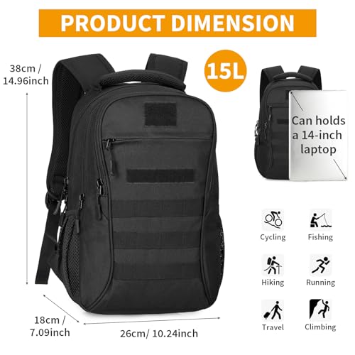 HUNTVP Military Backpack Small 15L Tactical Backpack Molle Waterproof Sports Backpack Man Nylon Bag School Backpack for Travel Camping Hiking