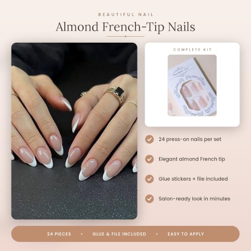 French Press On Nails Almond White Tip Acrylic Fake Nails, 24pcs
