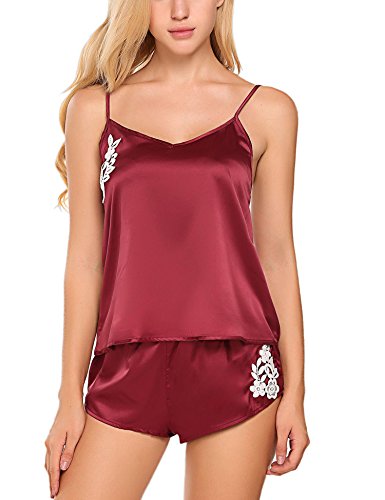 Avidlove Women Sleepwear Satin Lingerie Pajama Cami Shorts Set Nightwear Wine Red L
