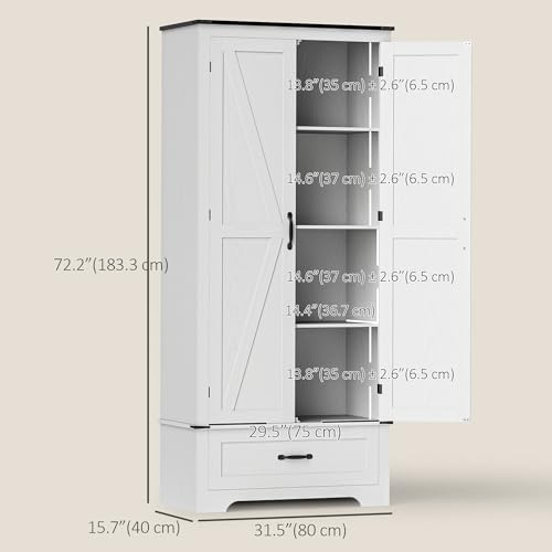 HOMCOM 72" Farmhouse Pantry Cabinet with Barn Doors, Tall Buffet Storage Cabinet with Adjustable Shelves, Freestanding Kitchen Pantry with Drawer, White Wood Grain