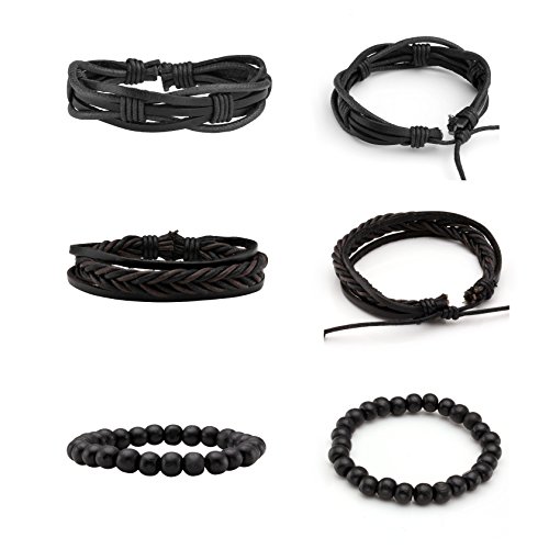 Milakoo 6 Pcs Black Braided Leather Bracelets for Men Women Cuff Wrap Wristbands