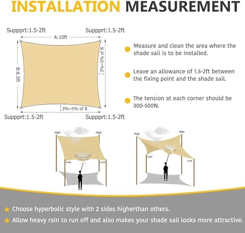Jorunb Sun Shade Sail Canopy Air Permeable & 95% UV Block Resistant Awning, With Stainless Steel Hardware Fixing Kit for Patio Outdoor Garden Backyard Yard Beige (6x8m)