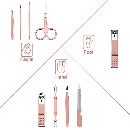 Yimi Professional Stainless Steel Nail Clipper Travel & Grooming Kit Nail Tools Manicure & Pedicure Set of 10 on 1 with Luxurious Case(pink） - Thumbnail 2