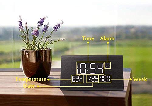 Digital Alarm Clock, Adjustable Brightness Voice Control Desk Wooden Alarm Clock, Large Display Time Temperature USB/Battery Powered for Home, Office, Kids