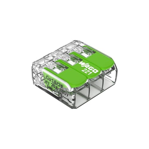 WAGO Green Range Terminal Block 3-Wire, to 4 mm², Splicing Connectors 3-Pole with Lever for All Conductor Types Pluggable, 221-423, 50 pcs