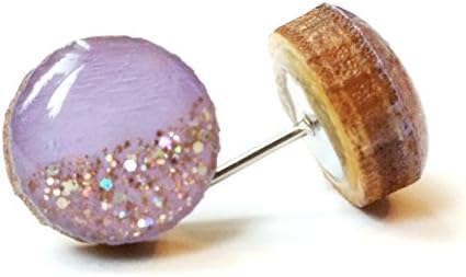 Hand painted lavender pastel purple and rose gold glitter wood stud earrings 10mm
