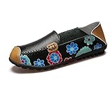 KEESKY Women's Floral Print Driving Loafers Leather Slip-on Flat Casual Shoes (9.5 B (M) US, Black)