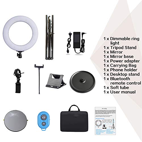 Makeup Ring Light Kit 14 Inch Ring Lamp with Mirror Double-Sided Swivel Makeup Mirror Dimmable Video LED Light Set Phone Adapter for Video Shooting Portrait Vlog Selfie with Adjustable Tripod Stand
