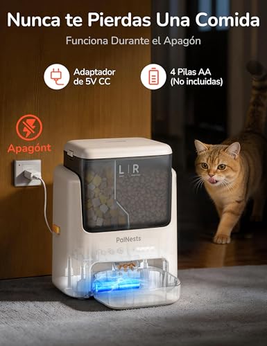 PalNests Comedero Gato Automatico, 5L Doble Tolva Dispensador Comida Gatos/Perros, 2.4G/5G WiFi, App Control, 10 Comidas por Día, Liofilizados Compatibles, Control de Porciones, Cuenco de Acero INOX