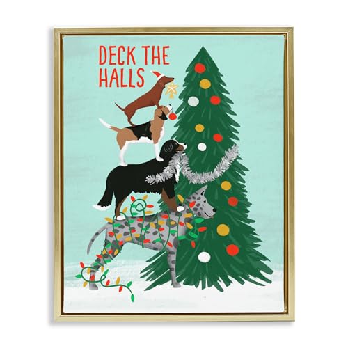 'Deck The Halls Stacked Dogs'| Floating Frame Canvas Art