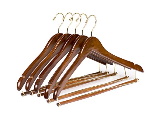 Quality Hangers Wooden Hangers Beautiful Sturdy Suit Coat Hangers with Locking Bar Gold Hooks (5 PACK)