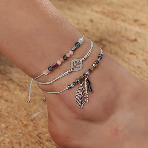 DDRICH 3 Pcs String Bracelet Handmade Braided Rope Charms Boho Seed Beads Surfer Bracelet for Women Girls (Leaf)