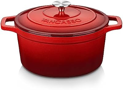 Cazuela Hierro Fundido para Horno, 26 cm 5 Litros Redonda Olla Antiadherente Anticorrosiva Esmalte con 2 Asas para Cocina Estofado, Paella, Freír, Asar, Saltear - Rojo