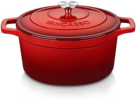 Cazuela Hierro Fundido para Horno, 26 cm 5 Litros Redonda Olla Antiadherente Anticorrosiva Esmalte con 2 Asas para Cocina Estofado, Paella, Freír, Asar, Saltear - Rojo