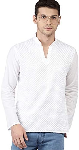 Men's Indian Band Collar Short Fitted Tunic with Chikankari Embroidery