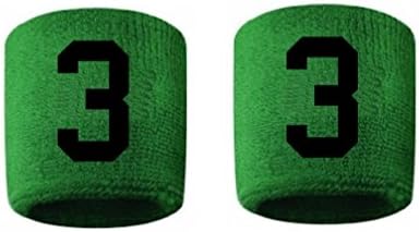 #3 Embroidered/Stitched Sweatband Wristband GREEN Sweat Band w/ BLACK Number (2 Pack)