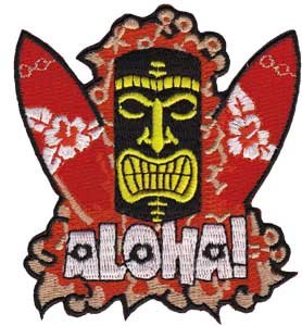 Novelty Iron On Patch - Surfing Tiki with Surf Boards Applique