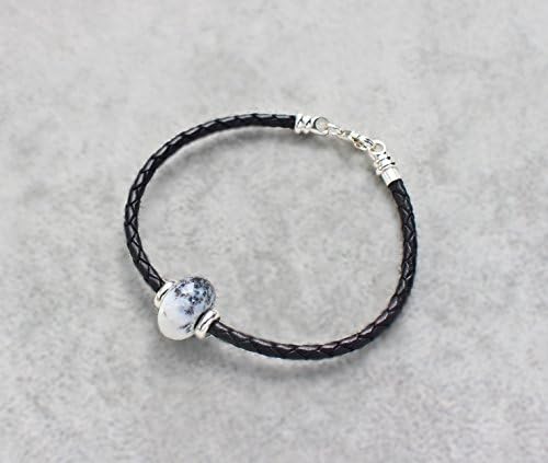 Dendritic Agate Black Leather Bracelet in 925 Silver