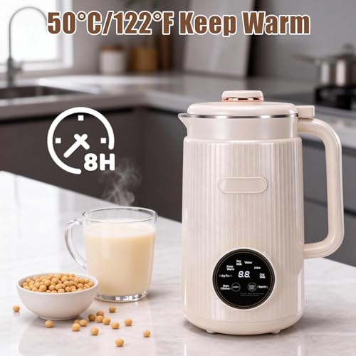 HISUEKIG Soy Milk Machine 1200ml, 8 in 1 Nut Milk Maker with 12 Blades, Temperature Control, Self-cleaning Keeping Warm, for Oat Almonds (Beige)