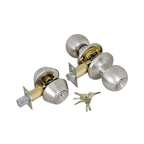 Grip Tight Tools ED06C-3, Set of 3 (Satin Stainless Steel) Combo Entry Lock Set Door Knob and Double Cylinder Deadbolt Alike: SC1 Keyway with 18 Keys Included