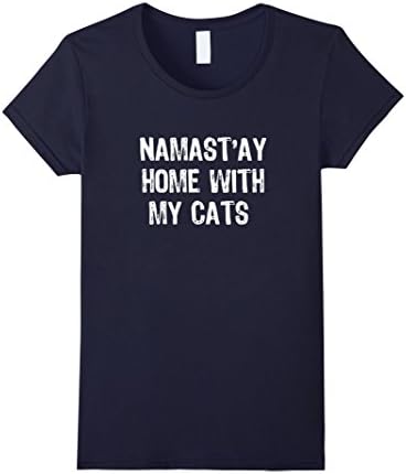 Womens Namast'ay Home With My Cats T-Shirt Medium Navy