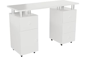 Cimcame Manicure Desk for Nail Tech White Nail Table with Drawers/Wrist Pad/Lockable Wheels Acetone Resistant Nail Art Station for Salon Spa Beauty Bar Technician,47 inch