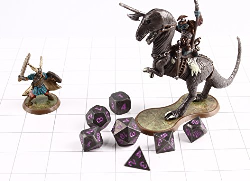 Forged Dice Co. Metal Polyhedral Dice (Set of 7 Polyhedral w/Tin, Iron w/Orchid Numbers Set of 7 Polyhedral w/Tin)