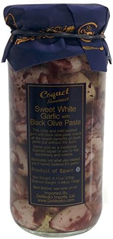 Marinated Spanish Sweet White Garlic by Coquet - w Black Olive Paste (8.7 ounce)