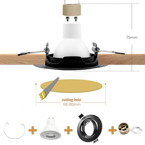 LteelDay Round Recessed Spotlight Frame, Black Metallic Porthole GU10 with 30° Swivel, Ø68-80 mm Cut, Includes GU10 Socket for LED or Halogen Lamps, Pack of 20