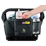 Cozy Stroller Caddy Organizer (Black, Insulated) - Everything Mom Needs on Stroller - 2 Deep Cup Holders, 3 Separate Spaces, Front Cellphone Holder, Wallets, Diapers, Milk - Perfect Baby Shower Gift
