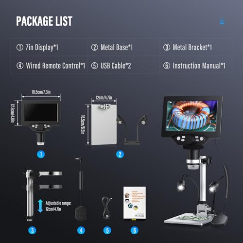 Digital Microscope, Couleeur Height Swivel 1200X 1080P and LCD Microscope, Microscope with 7 Inch Display with 2 Adjustable Side Lights and 8 LED Balls for Electronic Repairs