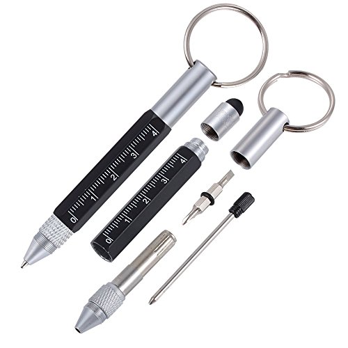Shulaner 6 in 1 Small Metal Tech Tool Ballpoint Pens with Key Ring, Level, Stylus and Two-head Screwdriver, Multi functional Tool Fits for Mens Gift, Pack of 2